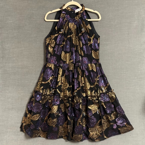 Sea New York‎ Dress S Gold Purple Black Silk  Metallic Halter Tiered Cocktail - Picture 1 of 12